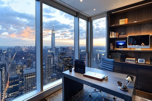 Modern Home Office: Sleek desk, ergonomic chair, built-in storage, minimalist decor, large window with city view