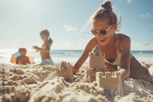 A young woman joyfully building sandcastles on a sunny beach, surrounded by the laughter of children and the gentle ocean breeze