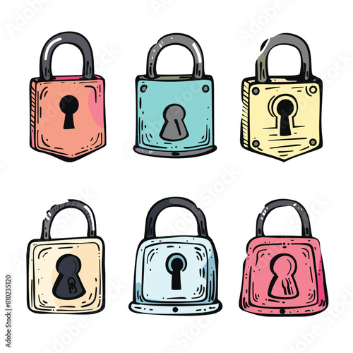 Handdrawn padlocks colorful sketch, different designs security locks, cartoon style isolated white background. Six various lock illustrations, protection concept doodles, artistic colorful locks