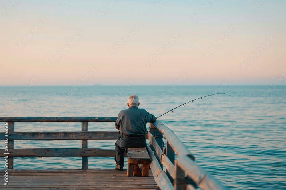 A senior man happily fishing from a wooden pier at dawn, surrounded by the soft glow of morning light and the quietude of the waking ocean, the scene softly blurred