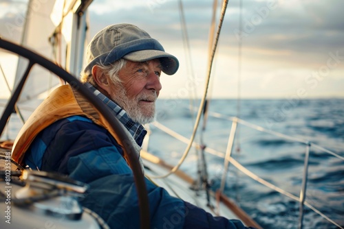 A senior man contentedly sailing on a sailboat in the open sea, surrounded by the vastness of the ocean, the scene softly blurred © Maelgoa