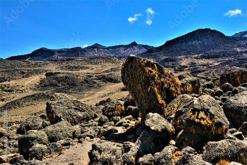 Impressive volcanic landscape (dry alpine desert) as seen from the trail above Shira Camp on Mount Kilimanjaro (Tanzania, Africa) photo