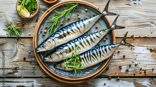 Plate with raw mackerel fish on wooden table