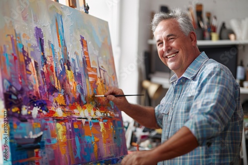 A middle-aged man joyfully painting a vibrant cityscape on a canvas in his studio, surrounded by art supplies, the scene softly blurred