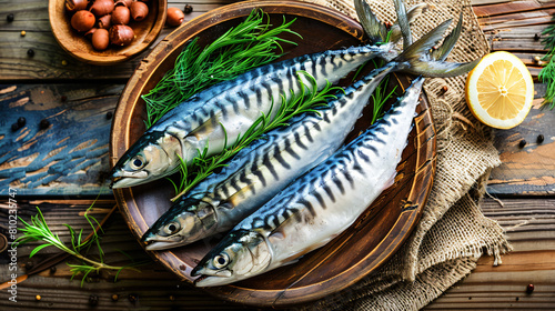 Plate with raw mackerel fish on wooden table