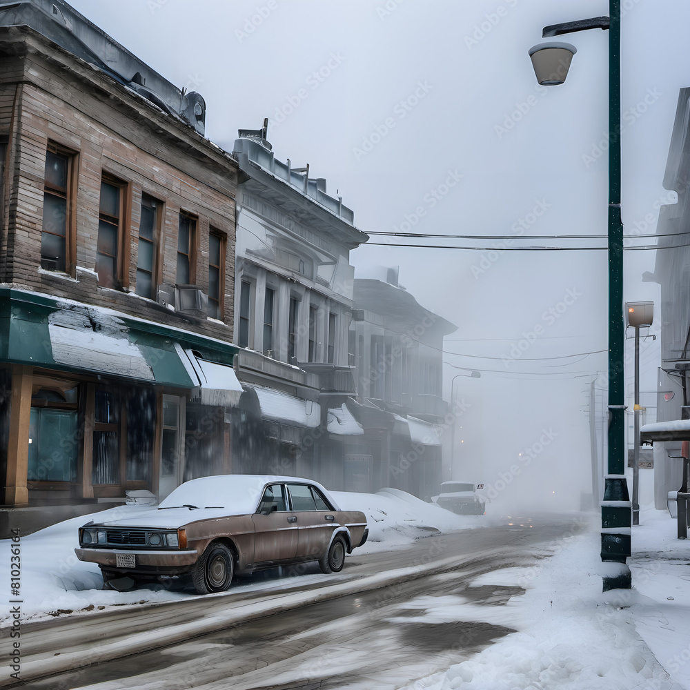 Snowy Street Scene with Old Car in Foggy Winter Setting