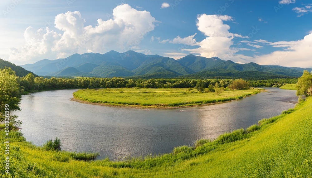 panoramic photo of colorful summer panorama of river with mountain background