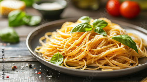 Plate with spaghetti and basil on table