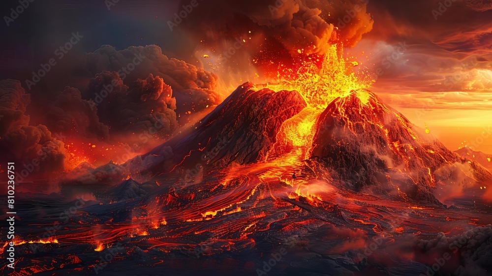 Capture the fiery intensity of a volcano erupting at a dramatic tilted angle Use vibrant oranges and reds to convey the heat
