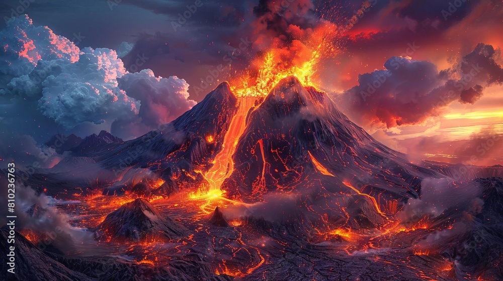 Capture the fiery intensity of a volcano erupting at a dramatic tilted angle Use vibrant oranges and reds to convey the heat