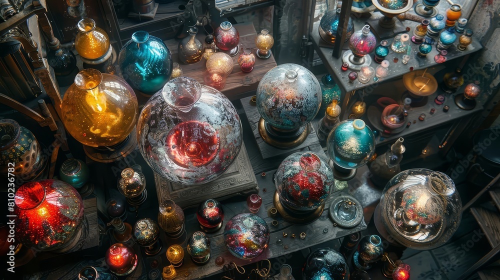 Capture the mesmerizing aerial view of a glassblowing artist shaping molten glass into delicate vases and ornaments, showcasing the intricate process in photorealistic detail