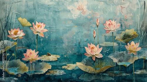 Capture the serene beauty of a tranquil pond filled with lotus flowers