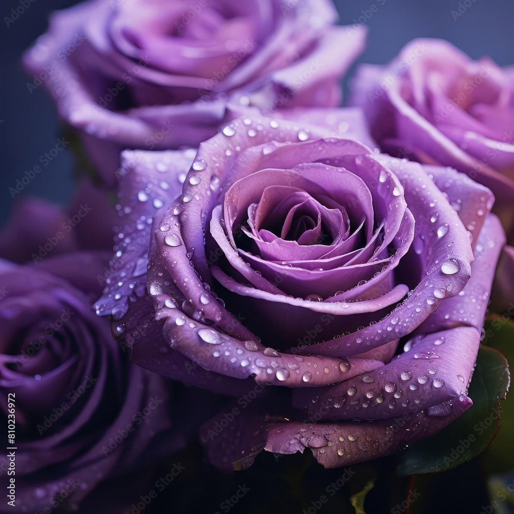 Closeup of dewcovered purple roses in early morning light, highlighting the delicate petal textures Closeup of dewcovered purple roses in early morning light, highlighting the delicate petal textures