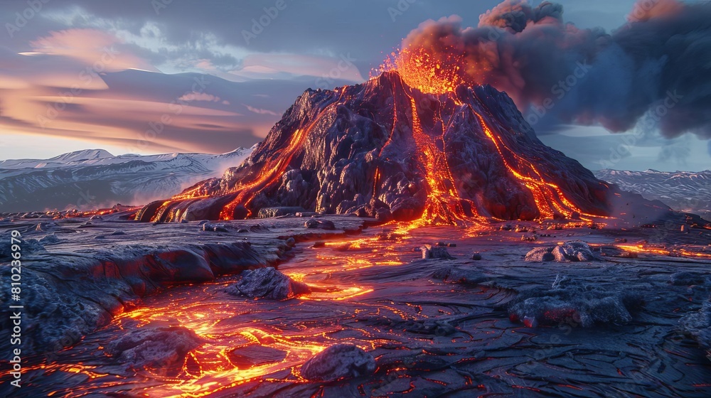 Craft a captivating 3D rendering of a volcano from a daring tilted angle Utilize advanced CG techniques to showcase the rocky textures