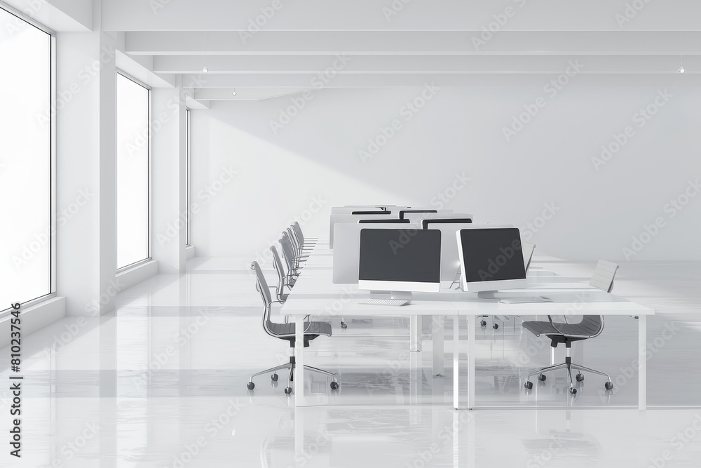 Fototapeta premium Simplicity in Workplaces: Minimalist Office Corner with Natural Light and Ergonomic Seating