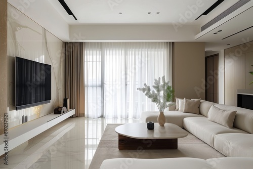 Serene Sophistication in Minimalist Living Room with Neutral Tones and Concrete Accents