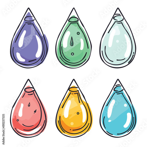 Six colorful water drops cartoon style isolated white background. Different shades include purple, green, light blue, red, yellow, cyan. Graphic design water droplets, vivid colors, liquid concept