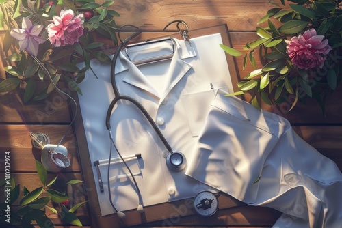 Doctor's Day Appreciation Scene with Stethoscope, Medical Coat, and Flowers on a Professional Wooden Background