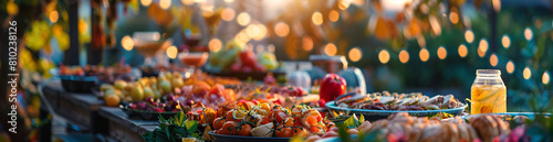A blurred background of an outdoor street market with colorful stalls selling exotic fruits, pastries and barbeque kebabs under the warm glow of sunset lights.