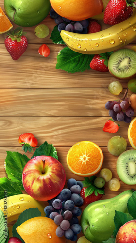 Vibrant Fruit Assortment on a Wooden Surface  Fresh and Juicy with Glistening Water Droplets