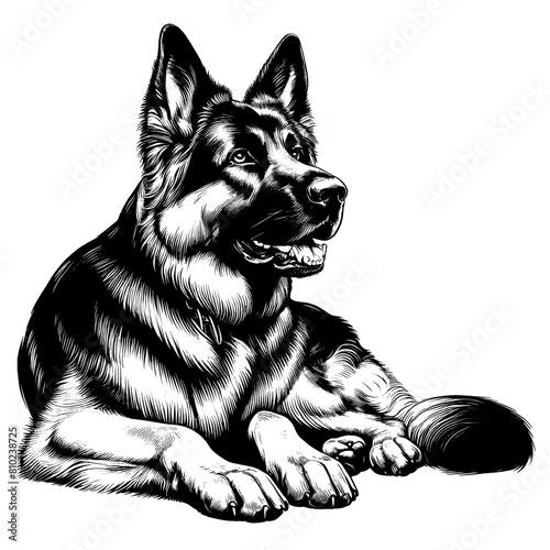 Cute German Shepherd in full-body, hand drawn sketch. Vector isolated on white background	