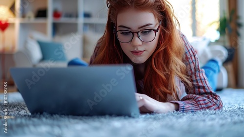 Portrait redhead girl using laptop while lying on the carpet in living room. Generated AI image