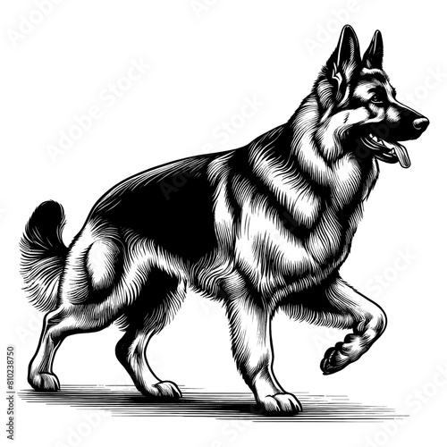 Cute German Shepherd in full-body, hand drawn sketch. Vector isolated on white background	