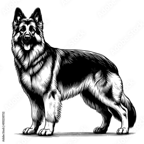 Cute German Shepherd in full-body, hand drawn sketch. Vector isolated on white background	