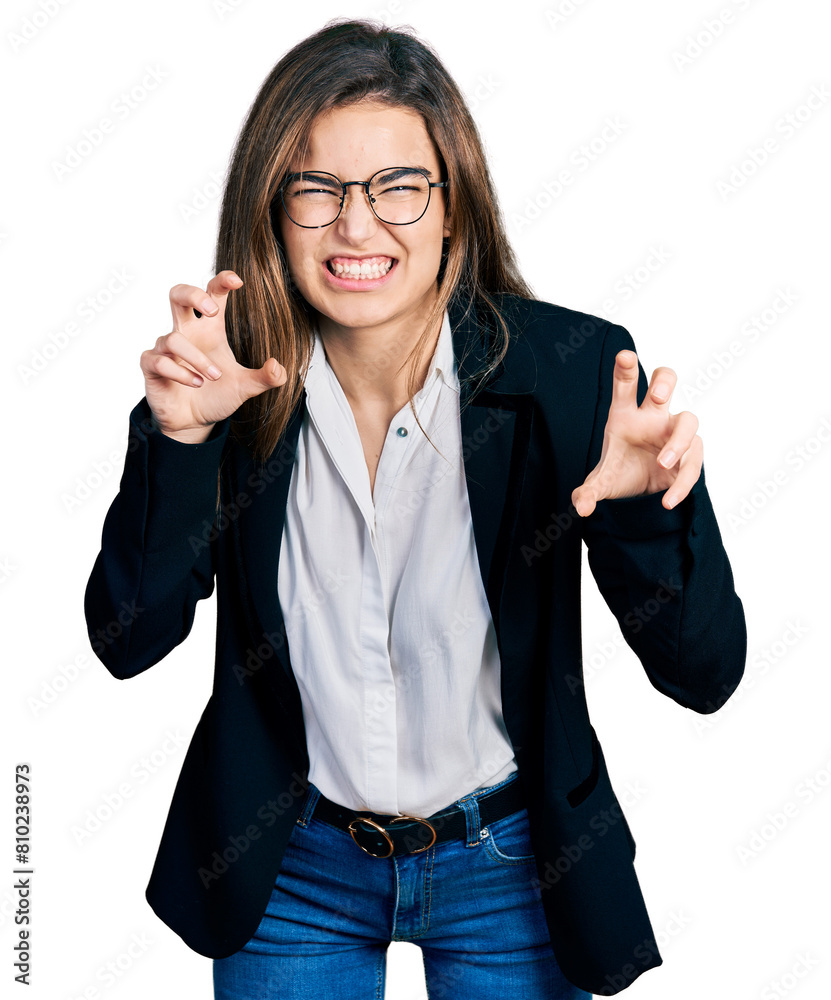 Young caucasian girl wearing business style and glasses smiling funny doing claw gesture as cat, aggressive and sexy expression Young caucasian girl wearing business style and glasses smiling funny doing claw gesture as cat, aggressive and sexy expression