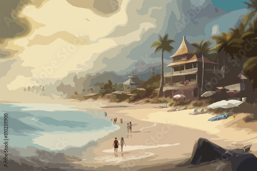 High Detailed Full Color Vector - Painting of picturesque romantic beach vacation setting, Vector EPS