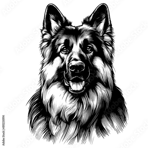 Cute German Shepherd portrait, hand drawn sketch. Vector isolated on white background 