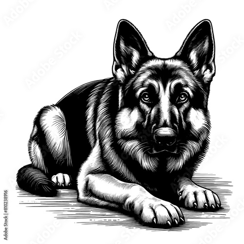 Cute German Shepherd in full-body, hand drawn sketch. Vector isolated on white background	