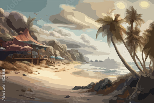 High Detailed Full Color Vector - Painting of picturesque romantic beach vacation setting, Vector EPS