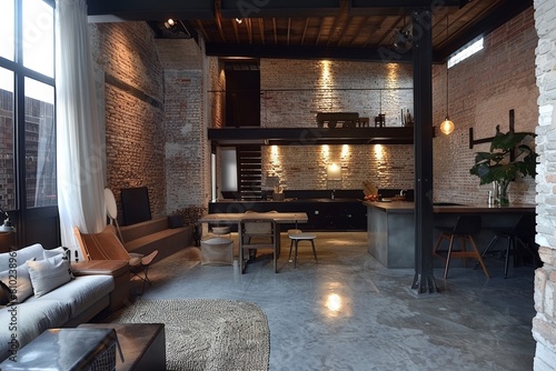 Industrial-Chic Studio Apartment: Exposed brick walls, concrete floors, minimalist furniture, industrial lighting fixtures, black accents