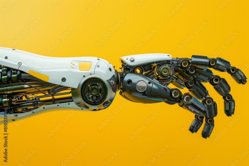 Detailed view of a robotic arms pressing mechanism against a bright yellow background, illustrating modern engineering