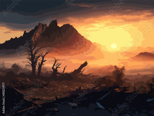 High Detailed Full Color Vector - Desolate Abandoned Post-Apocalyptic Nature Scene, Vector EPS