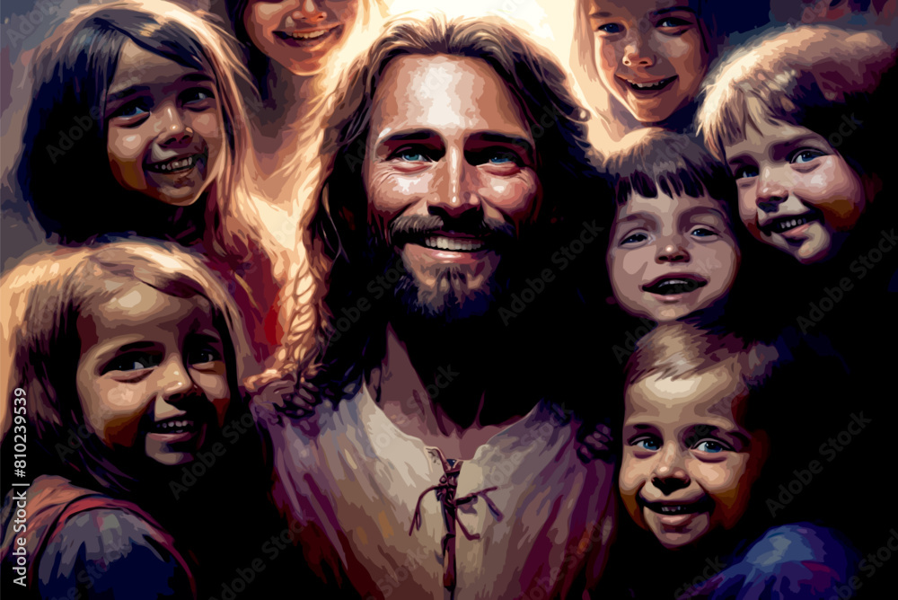 High Detailed Full Color Vector - Realistic painting of Jesus smiling surrounded by happy children, Let the little children come to me, Vector EPS