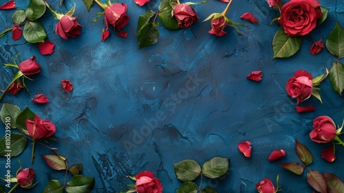 Rose with detailed petals and fresh leaves creating an organic frame on a rich blue background