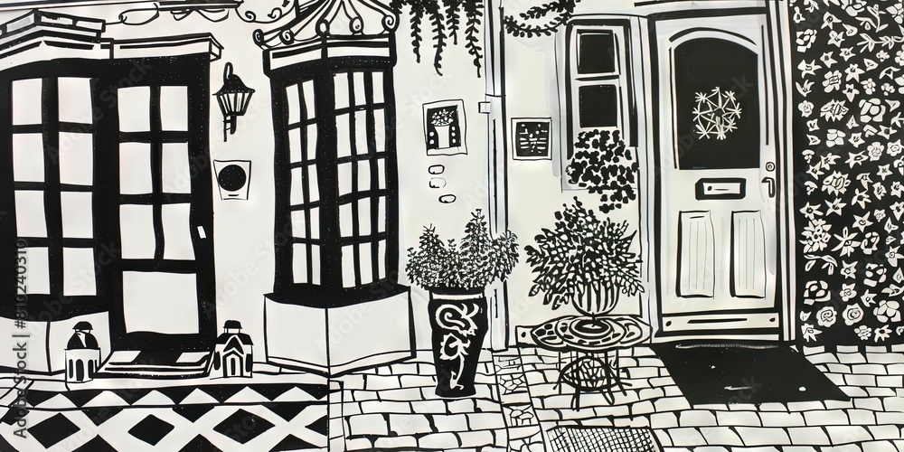 Fototapeta premium black and white simple etching of home front door - coloring book page for vacation