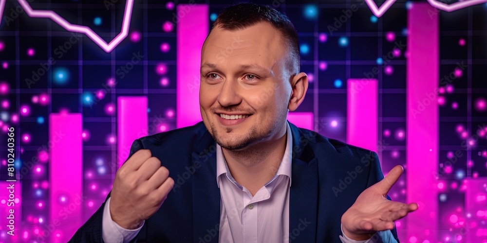 A well-dressed businessman smiling and speaking in front of bar graphs A well-dressed businessman smiling and speaking in front of bar graphs