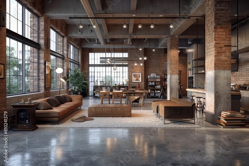 Industrial Loft Living Room  Exposed brick walls  metal-framed furniture  concrete flooring  oversized windows  industrial pendant lighting