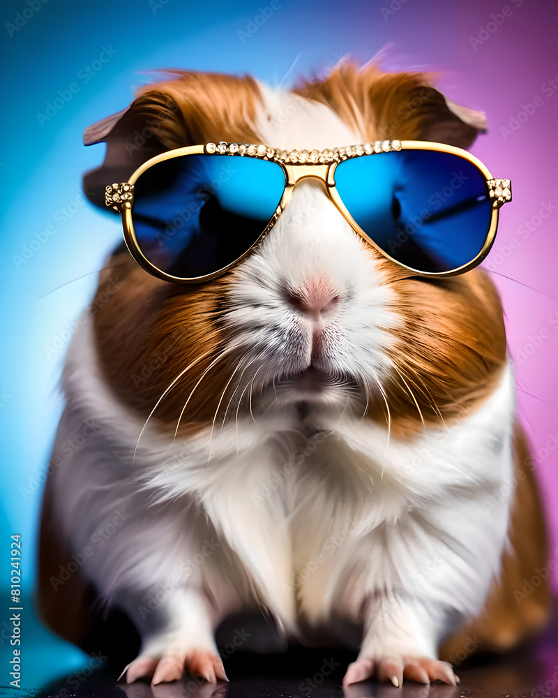 A guinea pig wearing sunglasses on a blue and pink background. A guinea pig wearing sunglasses on a blue and pink background.