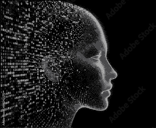 Silhouette of a human head made of binary code. Conceptual image of Artificial Intelligence, Virtual Reality, Deep Learning and Face recognition systems. Cyberpunk style vector illustration.