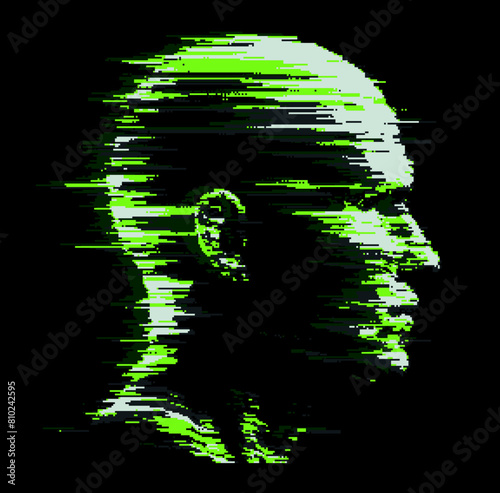 Distorted silhouette of a bald human head. Conceptual image of facial recognition and anonymity systems. Cyberpunk pixel art style vector illustration.