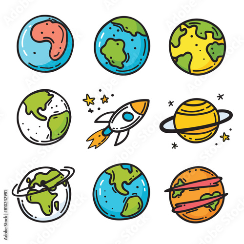 Colorful space icons set including variety planets rocket cartoon style. Planets different colors, patterns suggesting land water, stars dot background. Rocket orange flame, Saturnlike planet rings