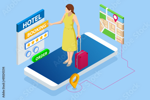 Isometric online hotel booking concept. Young woman holding a smartphone with booking room app on screen. Smartphone maps gps location.