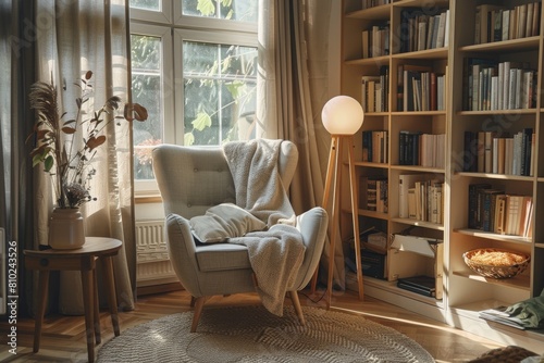 Scandinavian Inspired Reading Nook: Cozy armchair, floor lamp, Scandinavian bookshelf, neutral tones, natural materials