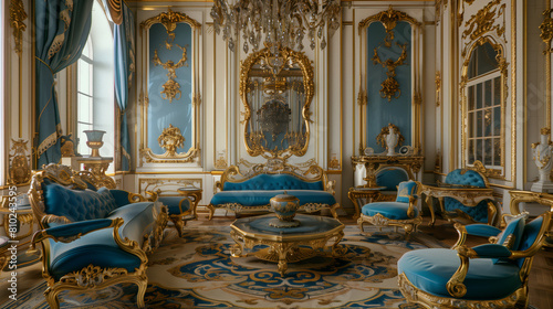 classic Rococo-style drawing room, where a blue and gold color scheme reigns supreme, adorning antique furnishings with elegance and grace