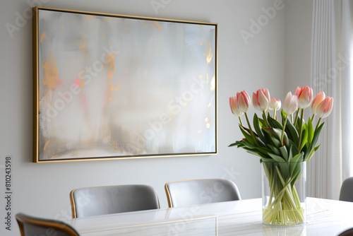 A large framed painting with a gold leaf frame hangs above the dining table, the painting is beige and white abstract, the wall behind it is light grey, and tulips in vases on top of each side chair. photo