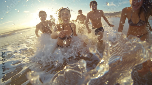friends gather at the beach, capturing the essence of joy and camaraderie. Laughter fills the air as they splash water playfully